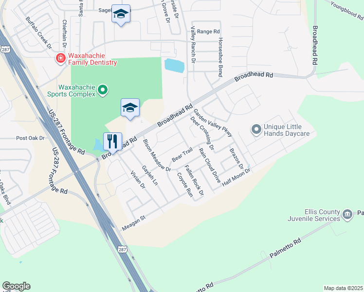 map of restaurants, bars, coffee shops, grocery stores, and more near 122 Eagle Feather Road in Waxahachie