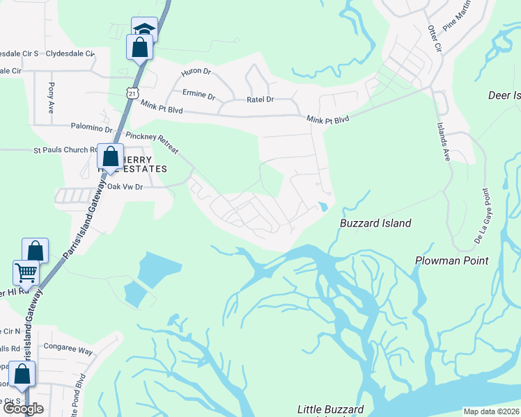 map of restaurants, bars, coffee shops, grocery stores, and more near 452 Commons Circle in Beaufort
