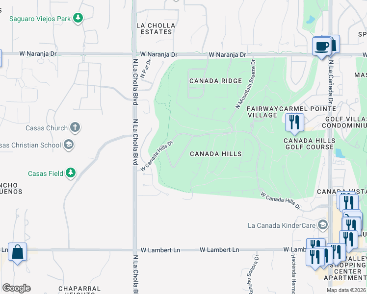 map of restaurants, bars, coffee shops, grocery stores, and more near 1908 West Muirhead Loop in Tucson