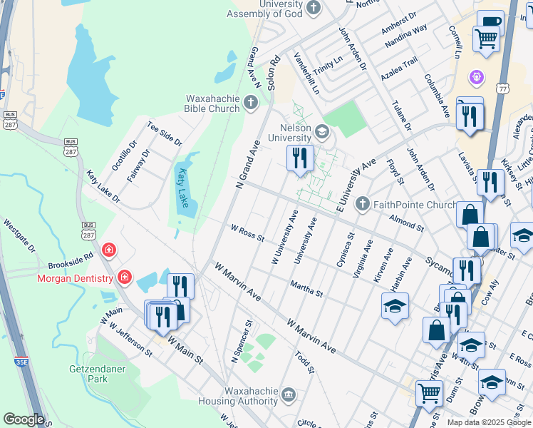 map of restaurants, bars, coffee shops, grocery stores, and more near 615 Highland Avenue in Waxahachie