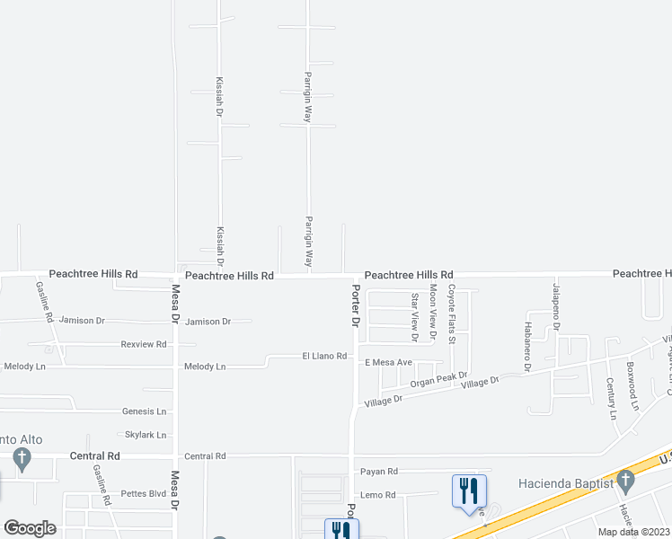map of restaurants, bars, coffee shops, grocery stores, and more near 5969 Peachtree Hills Road in Las Cruces