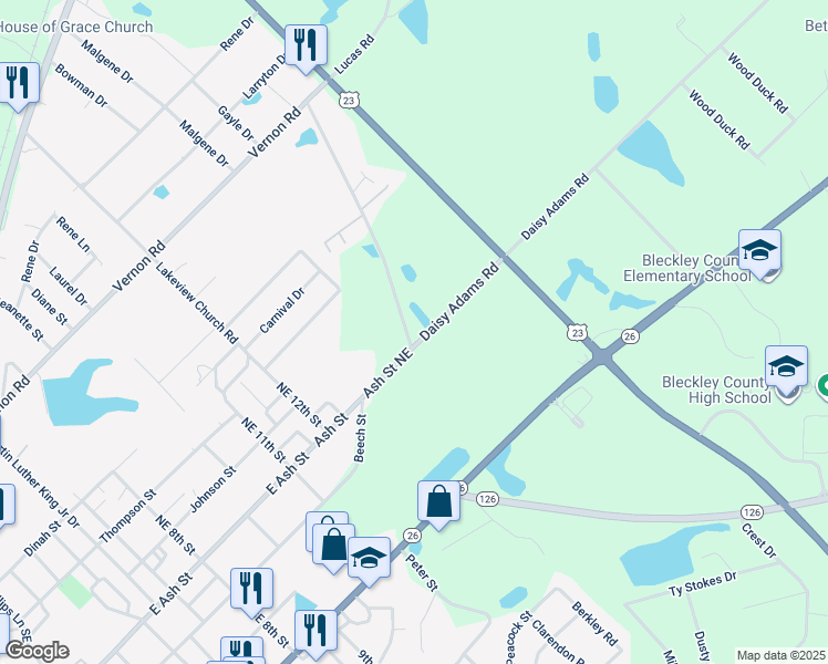 map of restaurants, bars, coffee shops, grocery stores, and more near 104 Lucas Road in Cochran