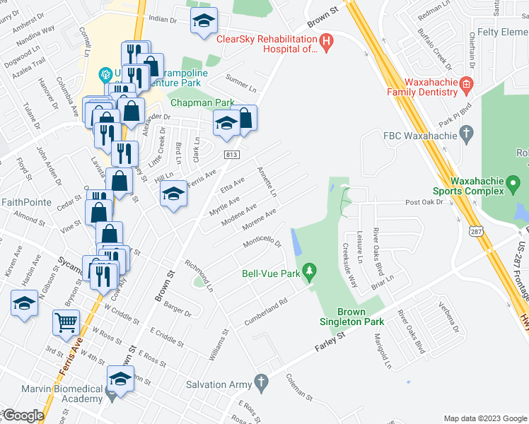 map of restaurants, bars, coffee shops, grocery stores, and more near 217 Morene Avenue in Waxahachie