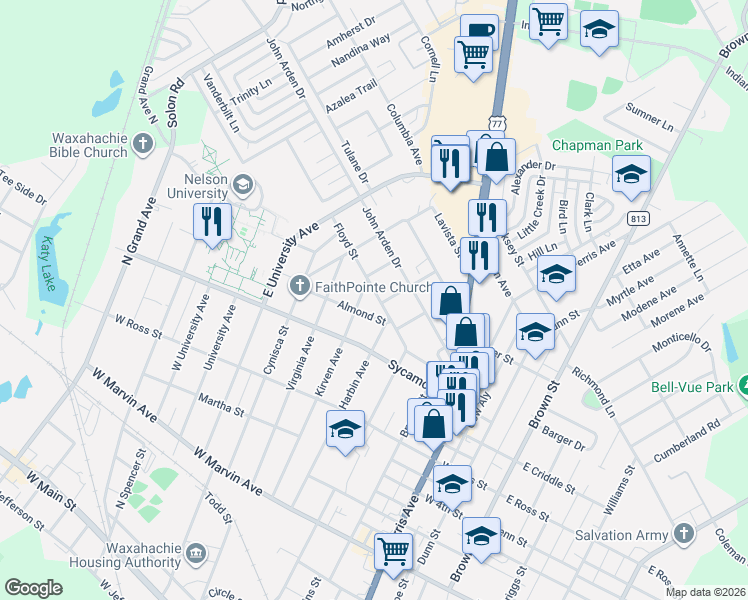 map of restaurants, bars, coffee shops, grocery stores, and more near 301 Floyd Street in Waxahachie