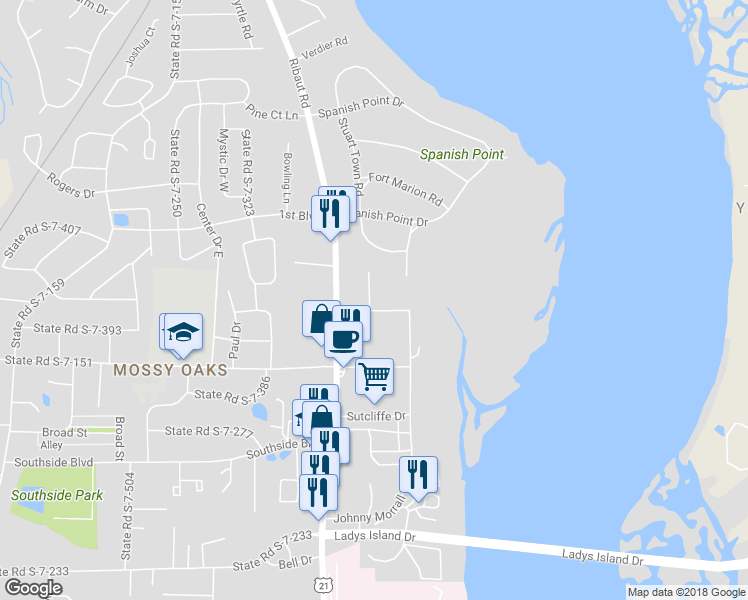 map of restaurants, bars, coffee shops, grocery stores, and more near 944 Oyster Cove Road in Beaufort