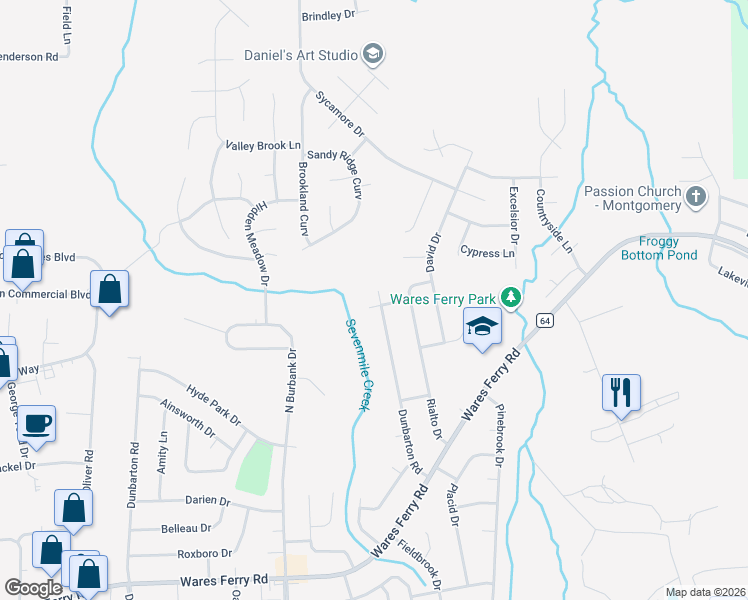 map of restaurants, bars, coffee shops, grocery stores, and more near 1289 Dunbarton Road in Montgomery