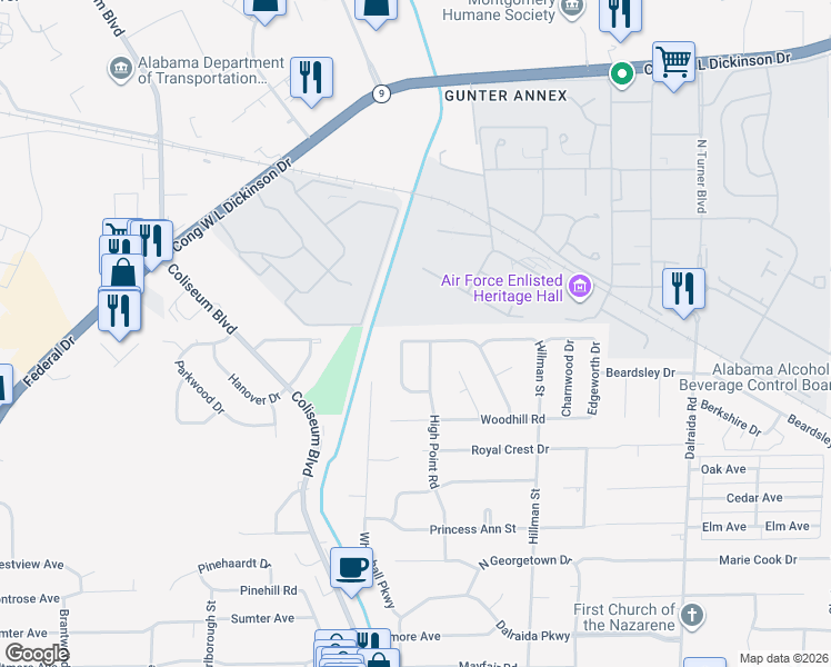 map of restaurants, bars, coffee shops, grocery stores, and more near 1315 Pine Ridge Road in Montgomery