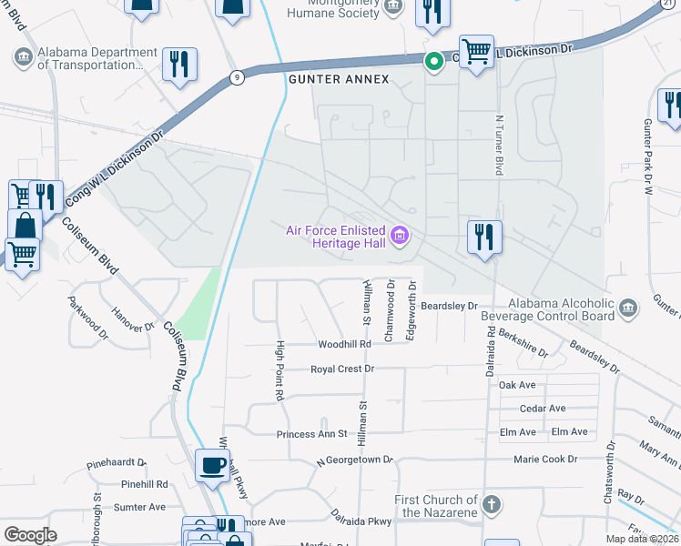 map of restaurants, bars, coffee shops, grocery stores, and more near 1312 Hillman Street in Montgomery