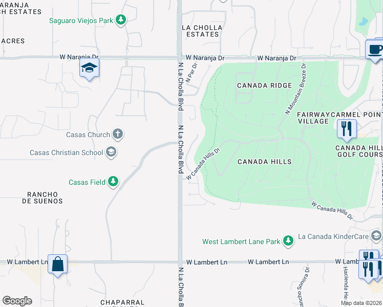map of restaurants, bars, coffee shops, grocery stores, and more near 10818 North Sand Canyon Place in Oro Valley