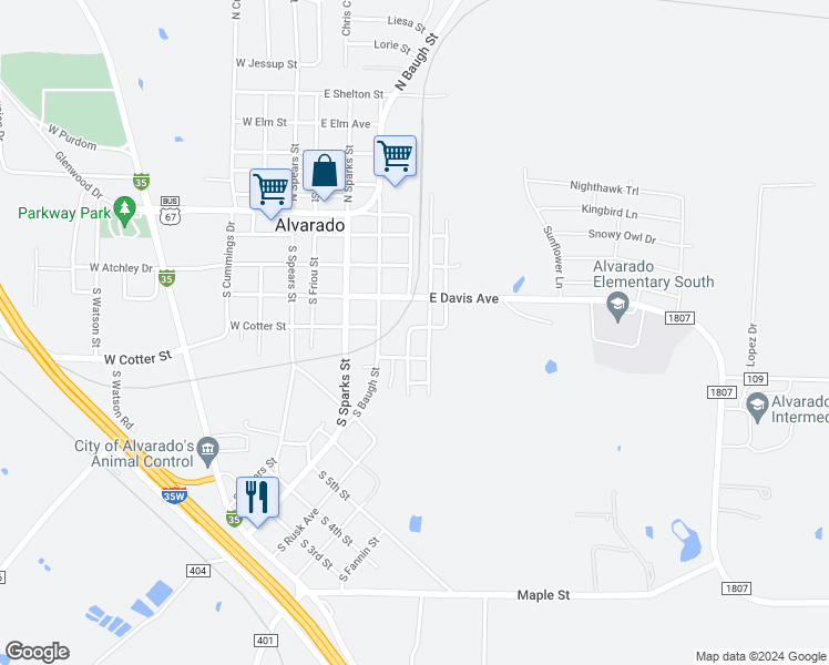 map of restaurants, bars, coffee shops, grocery stores, and more near 103 Cotton Street in Alvarado