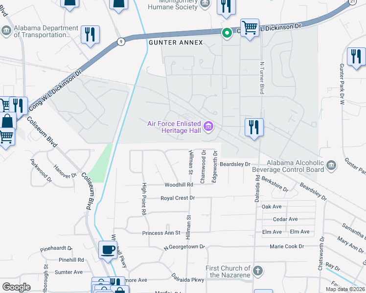 map of restaurants, bars, coffee shops, grocery stores, and more near 1312 Hillman Street in Montgomery