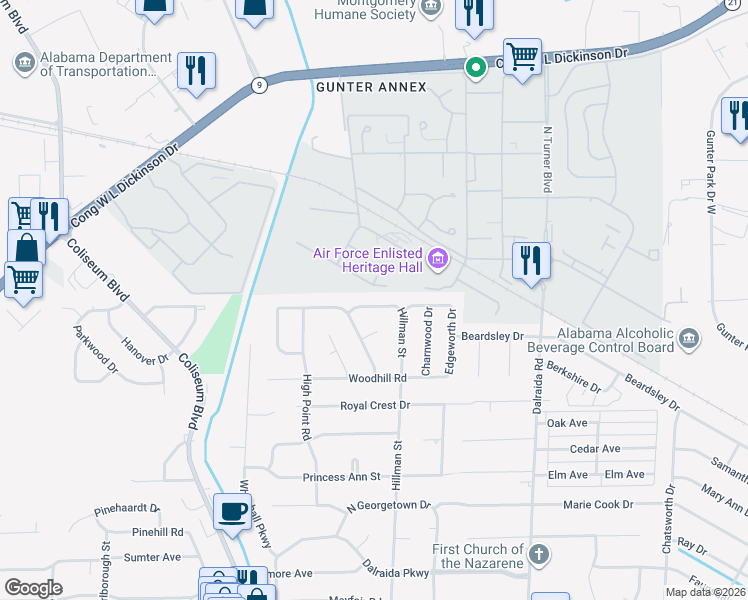 map of restaurants, bars, coffee shops, grocery stores, and more near 1312 Hillman Street in Montgomery