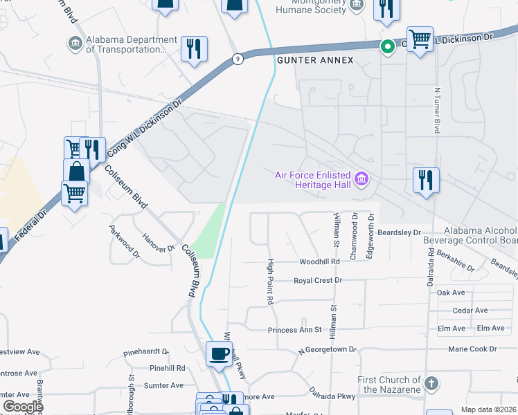 map of restaurants, bars, coffee shops, grocery stores, and more near 1315 Pine Ridge Road in Montgomery