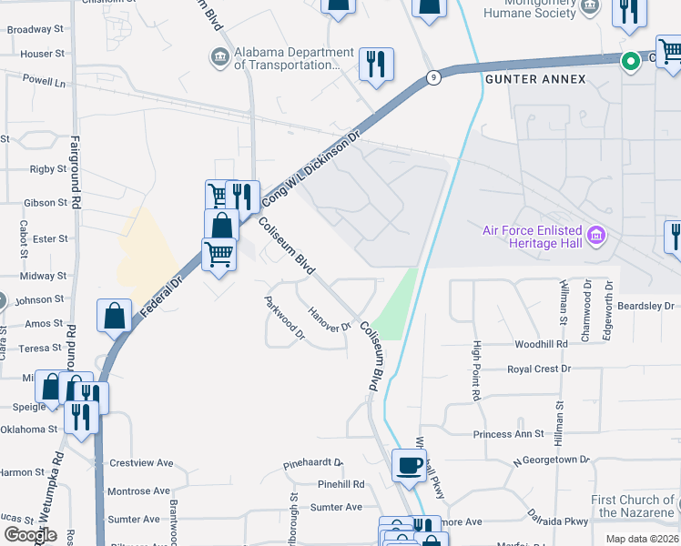 map of restaurants, bars, coffee shops, grocery stores, and more near 1006 Coliseum Blvd in Montgomery