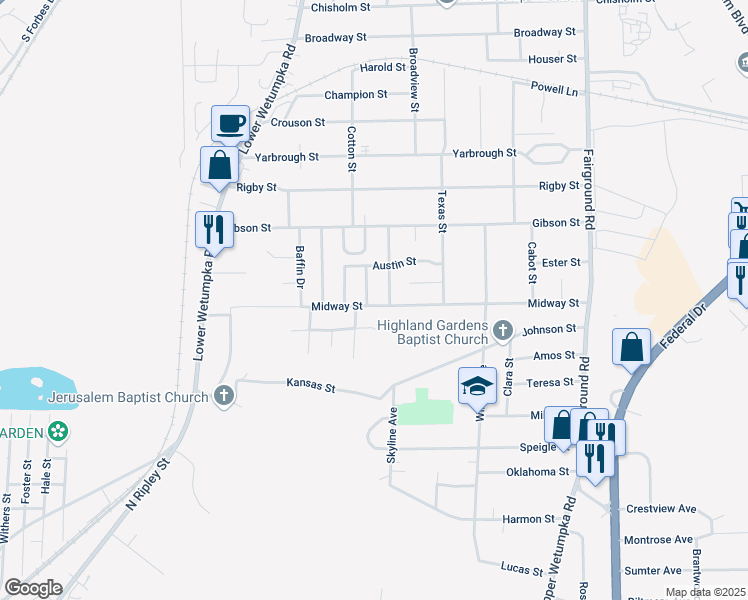 map of restaurants, bars, coffee shops, grocery stores, and more near 1705 Midway Street in Montgomery