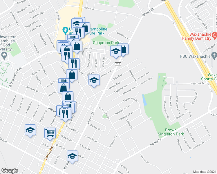 map of restaurants, bars, coffee shops, grocery stores, and more near 107 Myrtle Avenue in Waxahachie