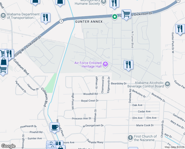 map of restaurants, bars, coffee shops, grocery stores, and more near 1312 Hillman Street in Montgomery