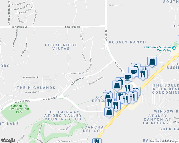 map of restaurants, bars, coffee shops, grocery stores, and more near 501 East Channel View Place in Oro Valley