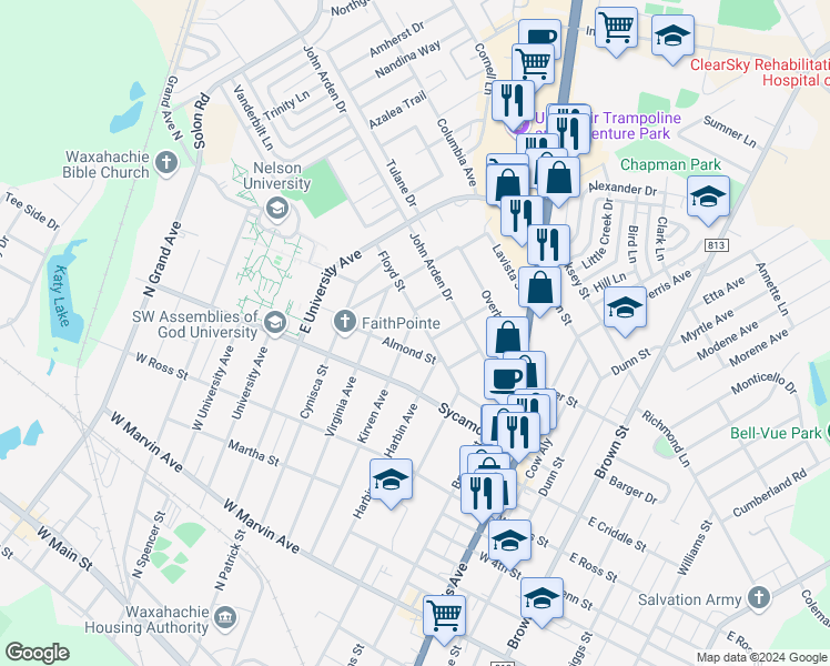 map of restaurants, bars, coffee shops, grocery stores, and more near 500 Kirven Avenue in Waxahachie