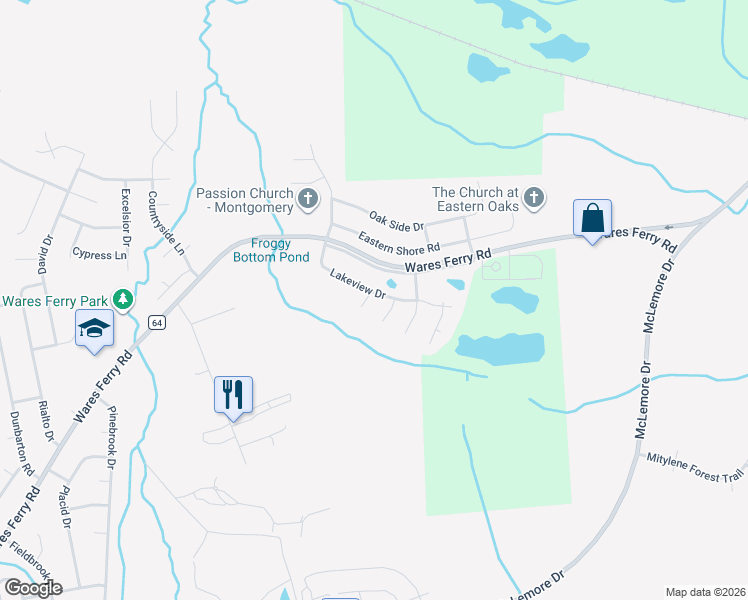 map of restaurants, bars, coffee shops, grocery stores, and more near 7000 Lakeview Dr in Montgomery