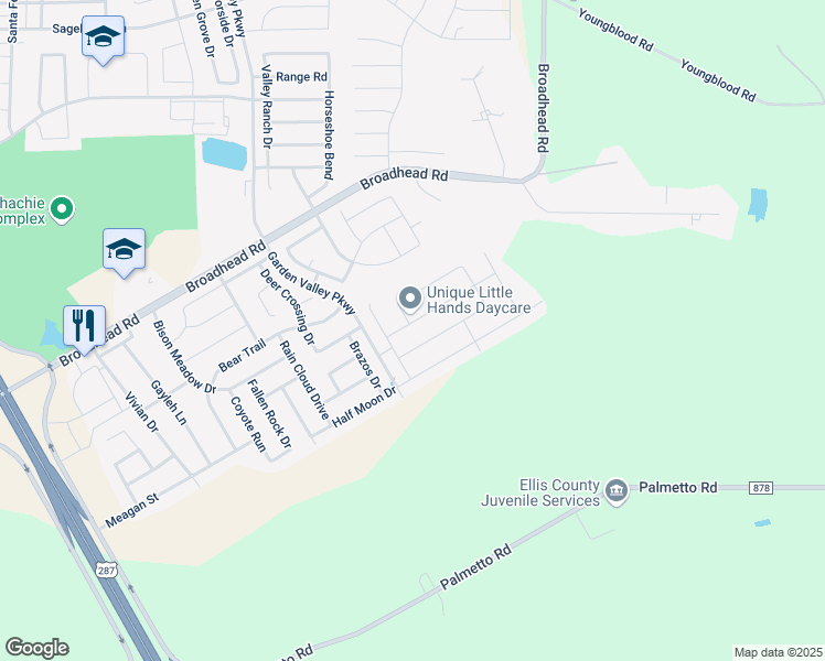 map of restaurants, bars, coffee shops, grocery stores, and more near 179 Half Moon Drive in Waxahachie