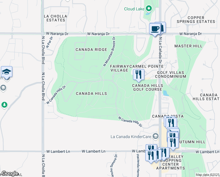 map of restaurants, bars, coffee shops, grocery stores, and more near 10824 North Glen Abbey Drive in Tucson