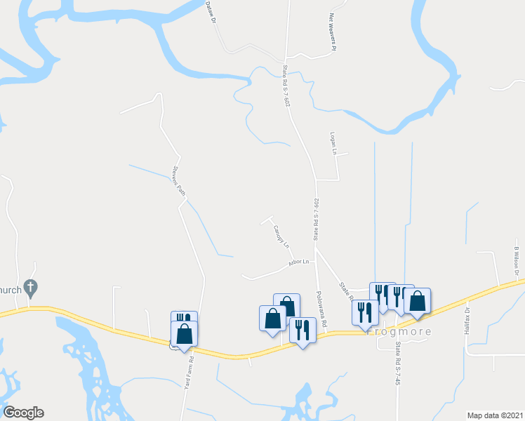 map of restaurants, bars, coffee shops, grocery stores, and more near 38 Canopy Lane in Saint Helena Island