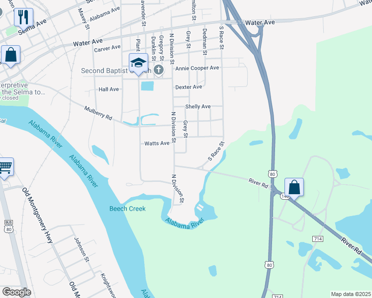 map of restaurants, bars, coffee shops, grocery stores, and more near 476 Grey Street in Selma