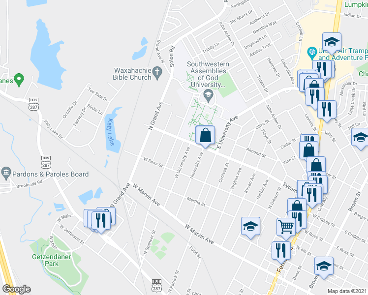 map of restaurants, bars, coffee shops, grocery stores, and more near 323 West University Avenue in Waxahachie