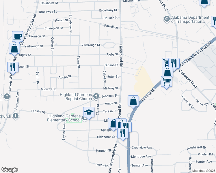 map of restaurants, bars, coffee shops, grocery stores, and more near 2057 Midway Street in Montgomery