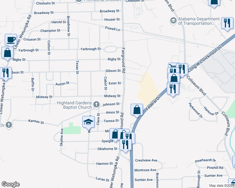 map of restaurants, bars, coffee shops, grocery stores, and more near 2079 Midway Street in Montgomery