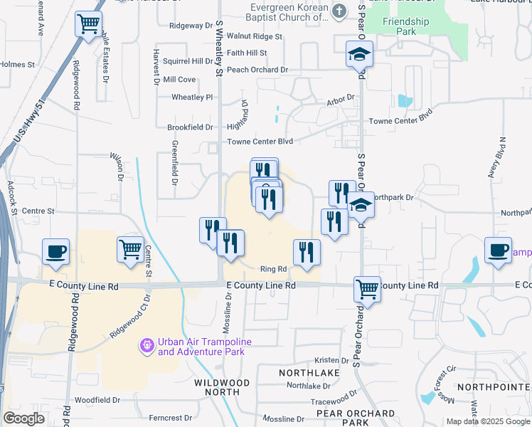 map of restaurants, bars, coffee shops, grocery stores, and more near 1200 East County Line Road in Ridgeland