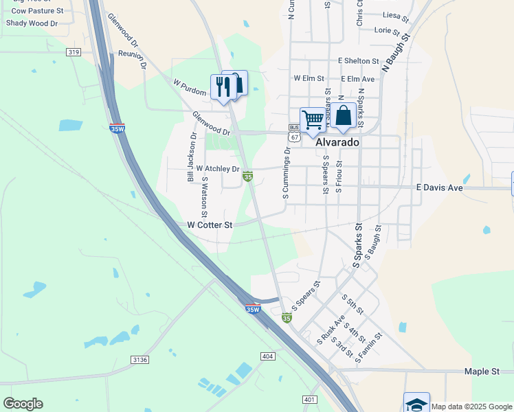 map of restaurants, bars, coffee shops, grocery stores, and more near 205 Old US Highway 81 in Alvarado