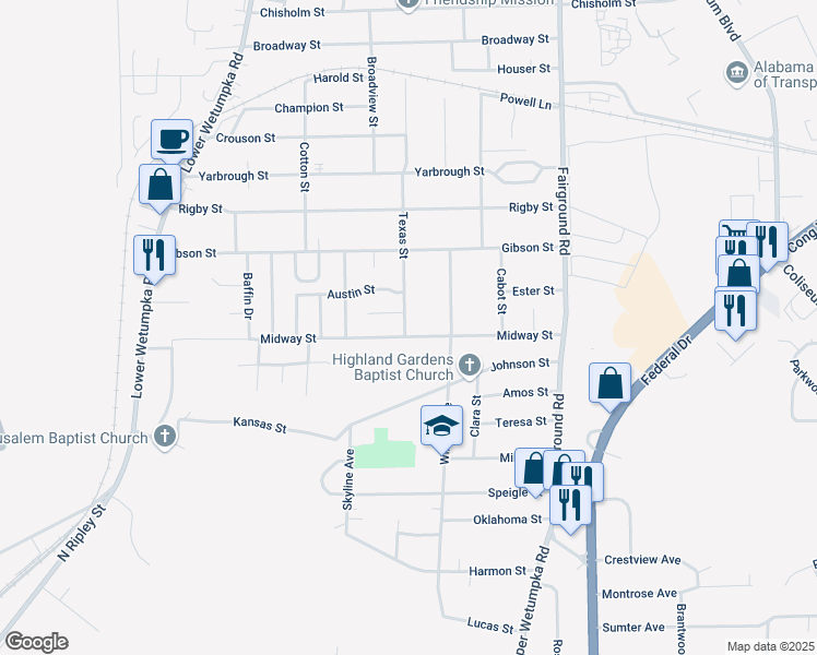 map of restaurants, bars, coffee shops, grocery stores, and more near 3000-3022 Texas Street in Montgomery