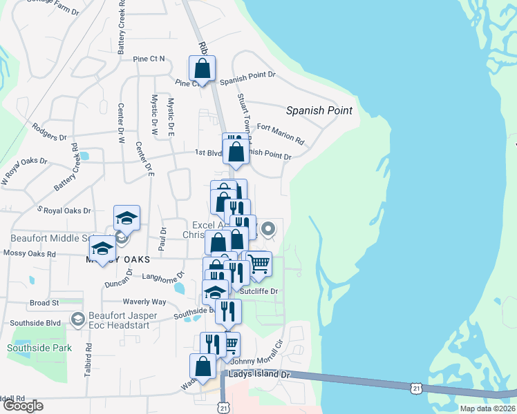 map of restaurants, bars, coffee shops, grocery stores, and more near 944 Oyster Cove Road in Beaufort