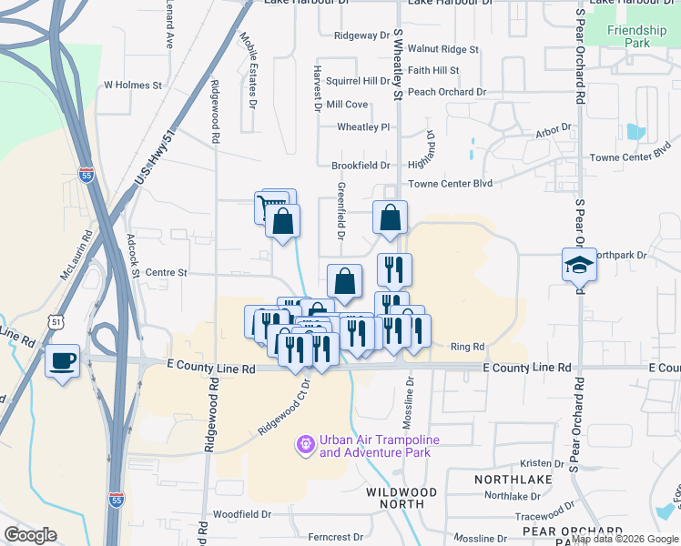 map of restaurants, bars, coffee shops, grocery stores, and more near 142 East Greenway Court in Ridgeland