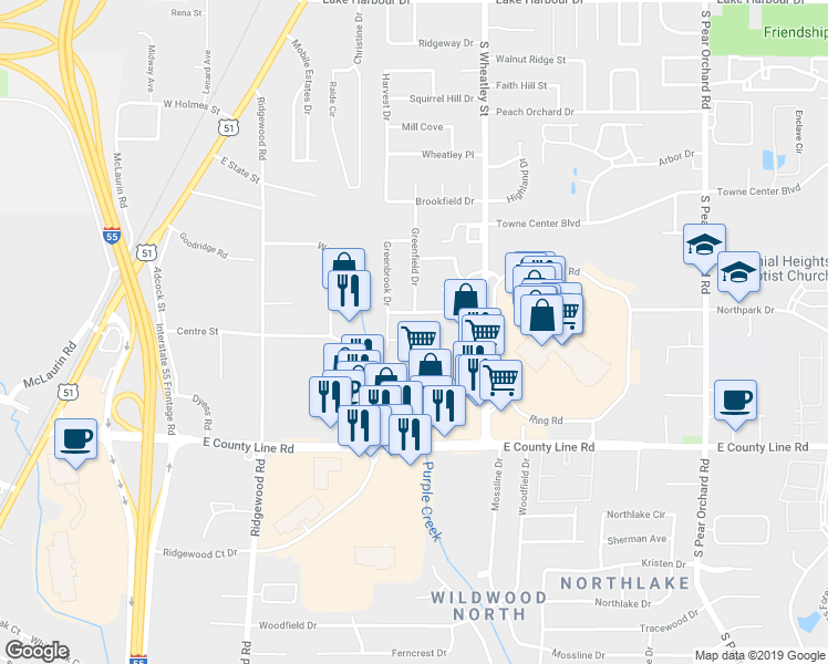 map of restaurants, bars, coffee shops, grocery stores, and more near 142 East Greenway Court in Ridgeland