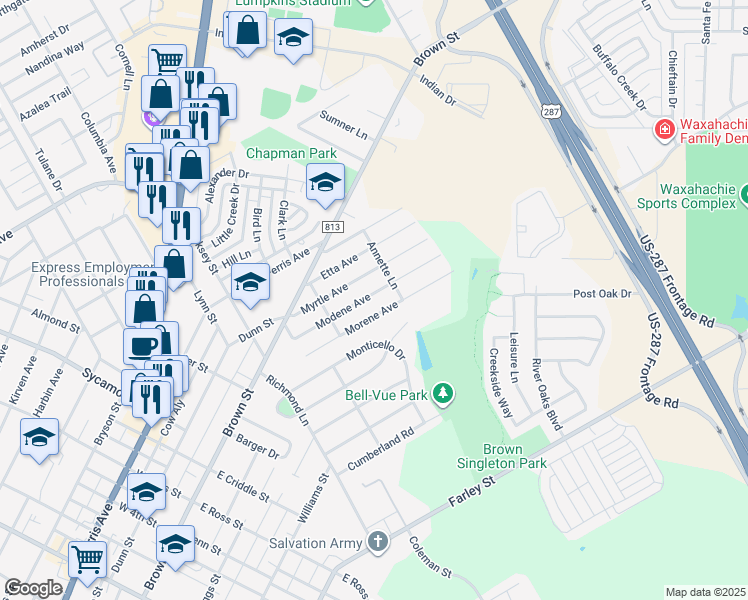 map of restaurants, bars, coffee shops, grocery stores, and more near 219 Morene Avenue in Waxahachie