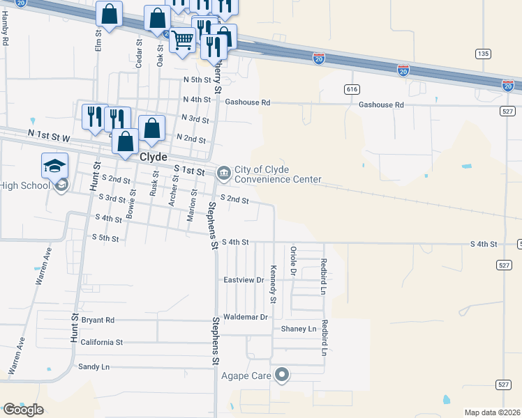 map of restaurants, bars, coffee shops, grocery stores, and more near 206 Field Street in Clyde