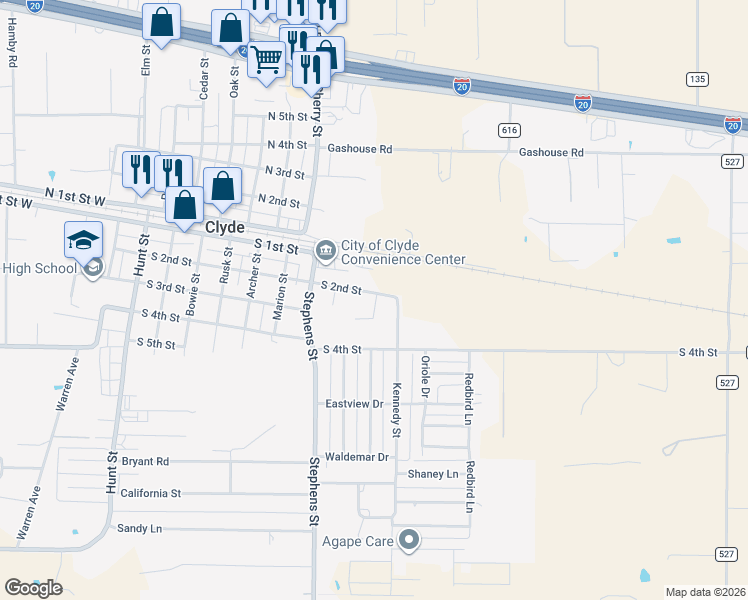 map of restaurants, bars, coffee shops, grocery stores, and more near 206 Field Street in Clyde