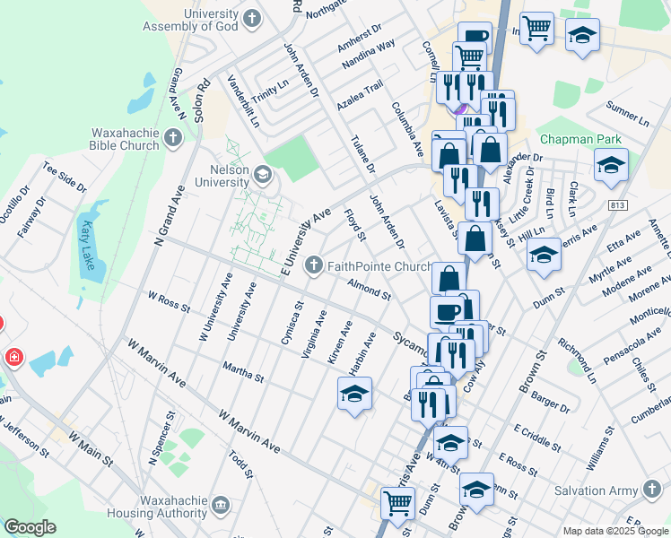 map of restaurants, bars, coffee shops, grocery stores, and more near 300 Almond Street in Waxahachie