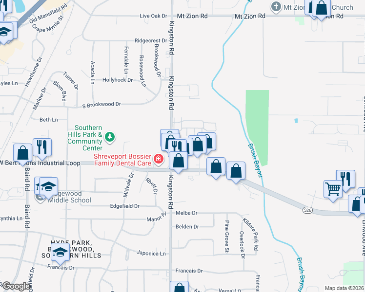 map of restaurants, bars, coffee shops, grocery stores, and more near 9075 Kingston Road in Shreveport