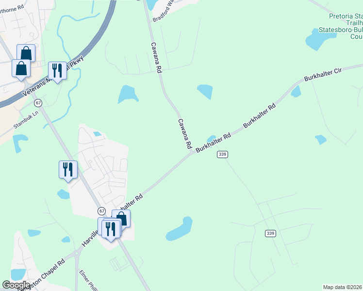 map of restaurants, bars, coffee shops, grocery stores, and more near 6975 Burkhalter Road in Statesboro