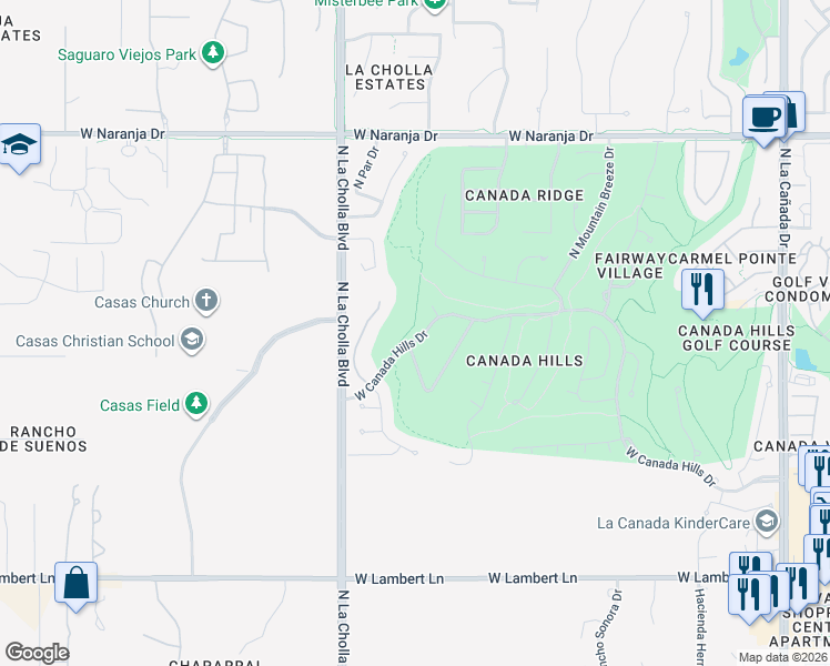 map of restaurants, bars, coffee shops, grocery stores, and more near 1976 West Canada Hills Drive in Oro Valley