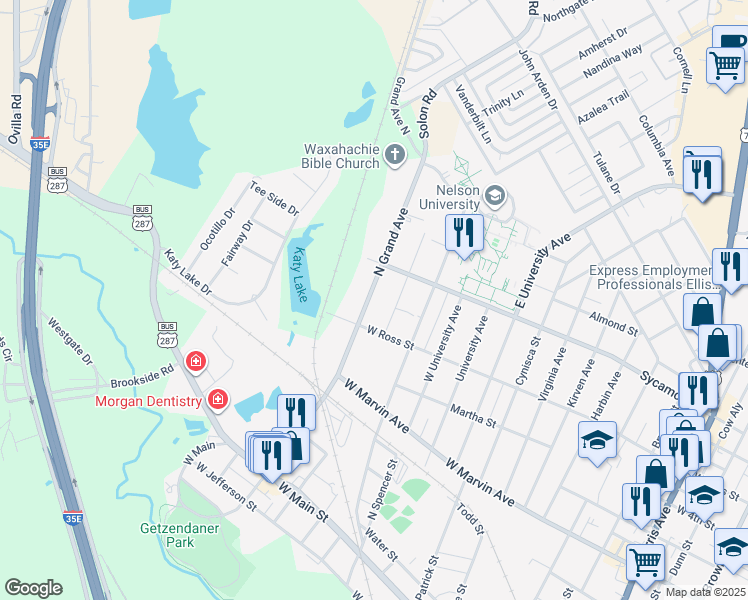 map of restaurants, bars, coffee shops, grocery stores, and more near 512 North Grand Avenue in Waxahachie
