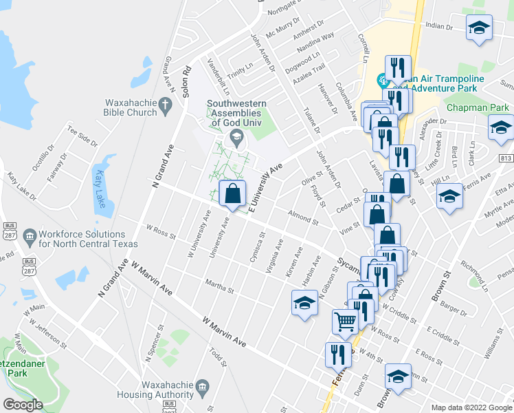 map of restaurants, bars, coffee shops, grocery stores, and more near 408 East University Avenue in Waxahachie