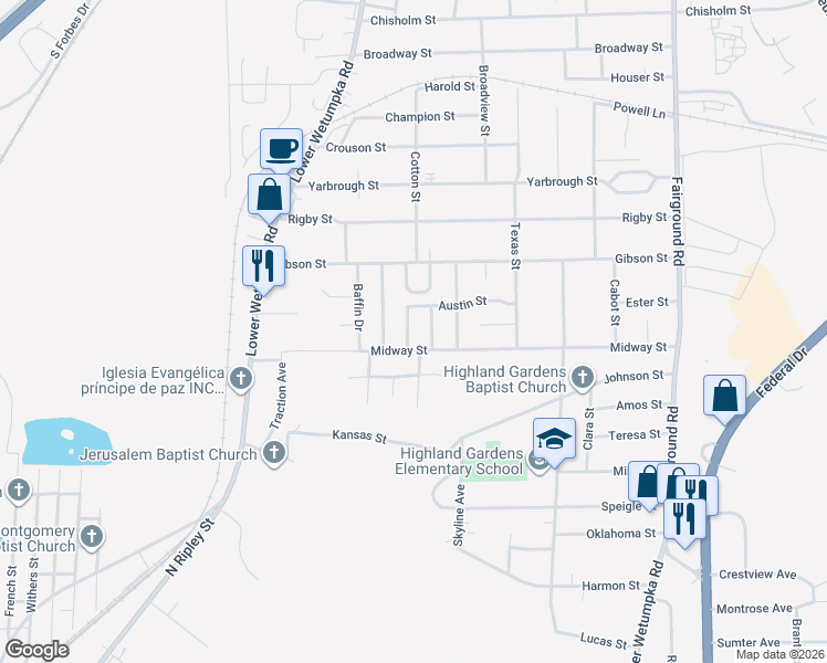 map of restaurants, bars, coffee shops, grocery stores, and more near 3012 Lyerly Lane in Montgomery