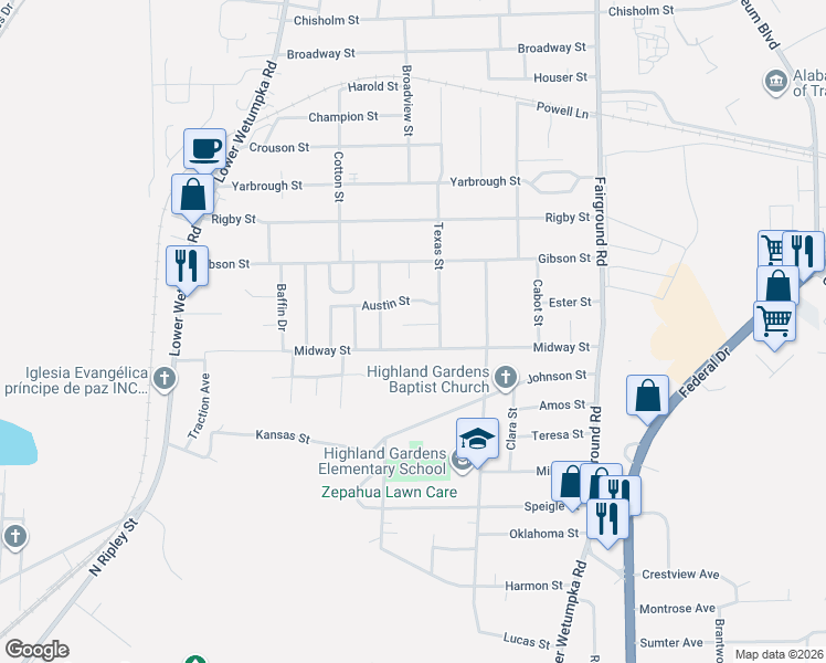 map of restaurants, bars, coffee shops, grocery stores, and more near 1809 Midway Street in Montgomery