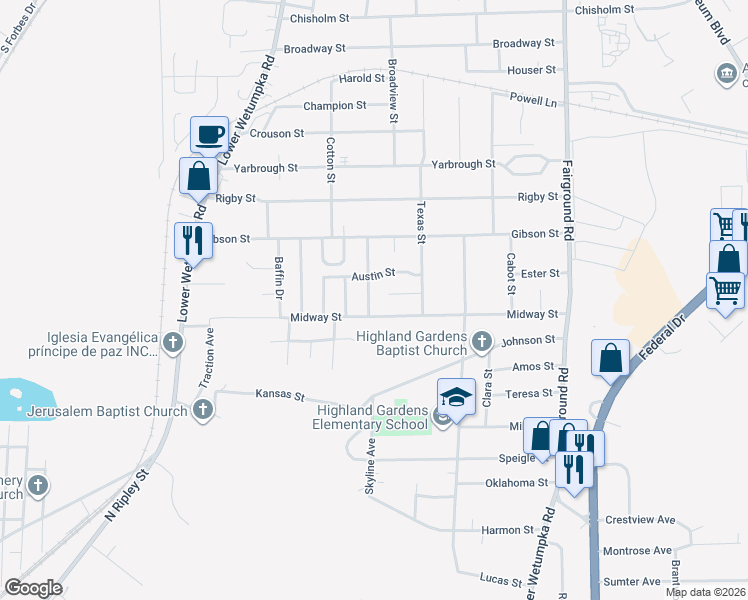 map of restaurants, bars, coffee shops, grocery stores, and more near 1809 Midway Street in Montgomery