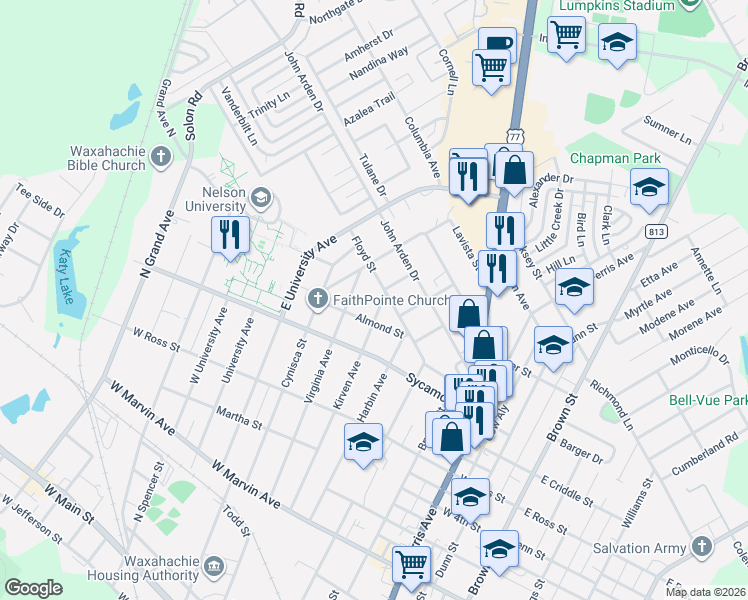 map of restaurants, bars, coffee shops, grocery stores, and more near 301 Floyd Street in Waxahachie
